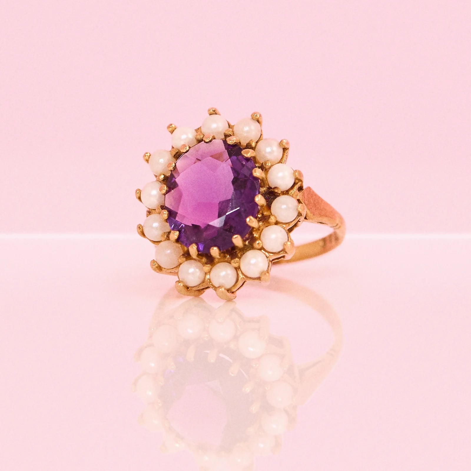 9ct gold amethyst and pearl cluster ring